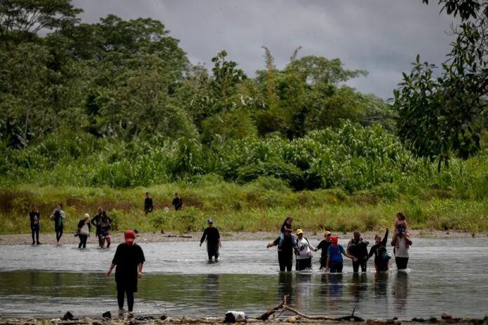 Migrantes cruzan el río Turquesa luego de atravesar la selva del Darién, en una fotografía de archivo (Panamá). EFE/ Bienvenido Velasco